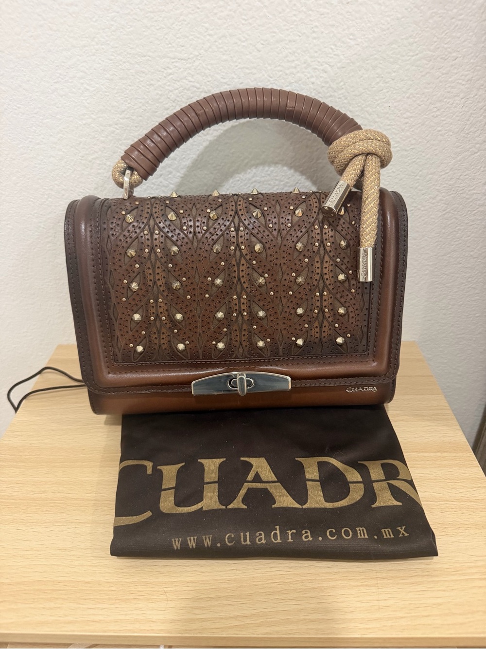 Cuadra Brown Leather Top-Handle Shoulder Bag with Stud Detail